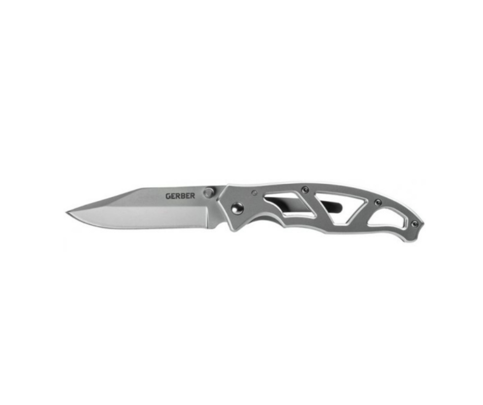Gerber Paraframe I foldekniv med glat klinge og åbent stålgreb på hvid baggrund